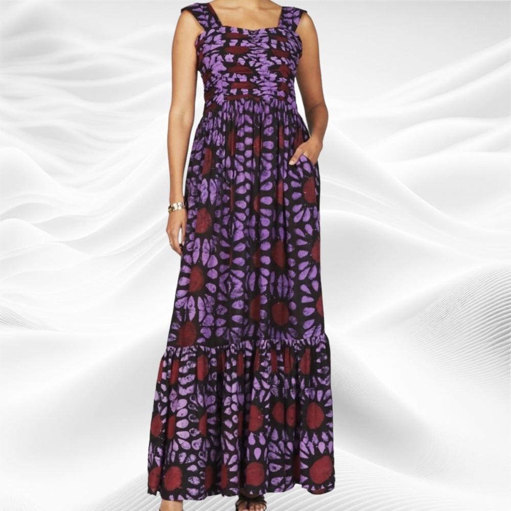 Busayo NEW Olumide Maxi Dress Strap Top Smocked Small Red Lilac‎ Pockets Adire